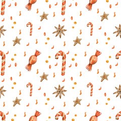 New year Sweet  illustration watercolor candy spices stars hand drawn seamless pattern on white background for fabric paper wrapping design