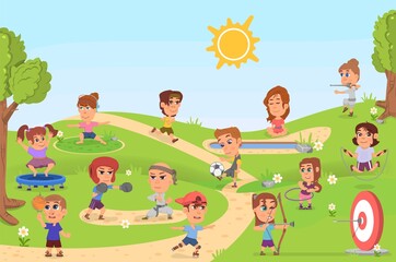 Kids sport activities in park. Sports child, healthy children on playground. Outdoor athletics play, cartoon girl jumping decent vector scene
