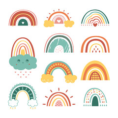 Abstract drawing rainbows. Different rainbow, flat shapes unusual pretty childish objects. Scandinavian minimal style decor, pastel classy vector set