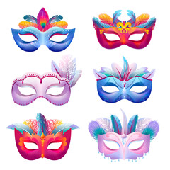 Carnival masks. Creative mask, brazil venice masquerade festival. Colorful parade costume elements with bright feathers, show swanky vector set