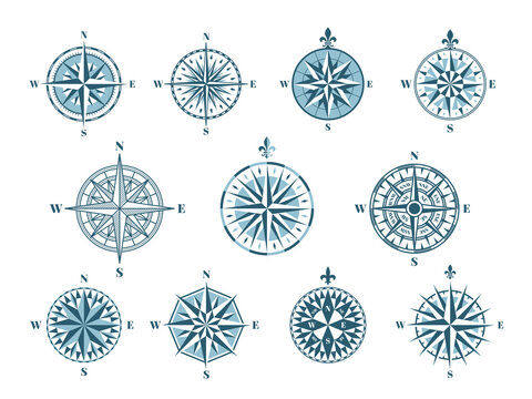Wind rose compass icons. Cartography elements, vintage navigation. Marine signs, east north nautical pointer. Discovery arrow tidy vector set