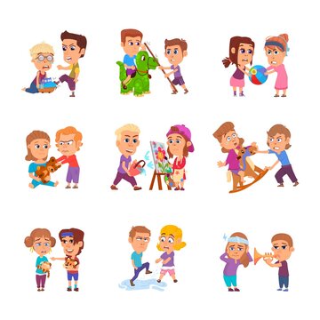 Bad behavior kids. Bullying kid, school girls scare. Child in stress, conflicted angry cartoon children. Naughty brother and sister decent vector set