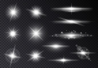 Silver light effect elements. White holiday glow, shine glitters. Lighting dividers, magic christmas blur particles. Spark and explosion exact vector set