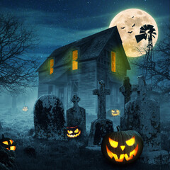 Spooky pumpkins with full moon, dark forest, cemetery and scary old house with light. Happy...