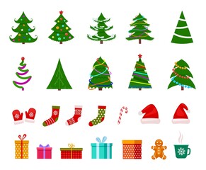 Isolated christmas flat elements. Xmas baubles, new year decoration. Vintage toys, gift boxes and socks. Decorative holiday exact vector green tree icons