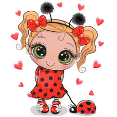Cute Girl in a ladybug costume and ladybug