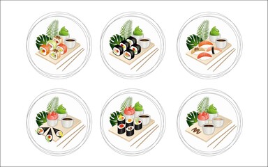 Set of icons with sushi and tropical plants.Web icons. Social Media icons. Story Highlight Covers. Vector illustration.