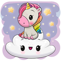 Cartoon Unicorn is sitting a on the Cloud