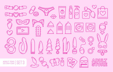 Adult sex toys in the linear flat style. Adult store with BDSM roleplay icon collection. Sex shop logo design with items vector illustration on white background