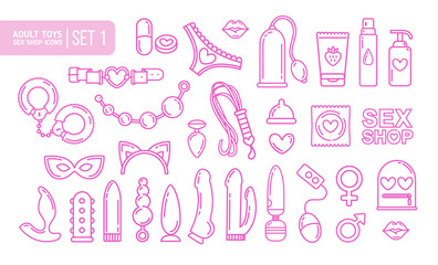 Adult shop items and sex toys in the linear flat style. Adult store logo with BDSM roleplay icon set. Vector illustration on white background - obrazy, fototapety, plakaty