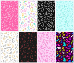 Adult shop and sex toys icons seamless pattern collection. Linear style BDSM roleplay items icon collection