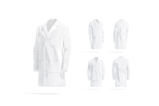 Blank white medical lab coat mockup, different views