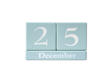 Merry Christmas. December 25 calendar numbers. Wooden cube calendar with 25 december day. Isolated on white background, close up