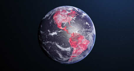 Image of the planet earth spinning around and changing colors in a blue dark background