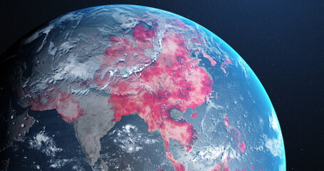 Image of the planet earth spinning around and countries turning red through circles in a blue da