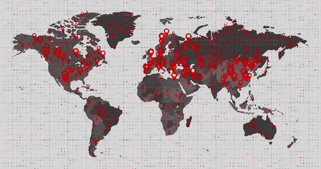 Image of the world map and countries turning red through circles in a white background
