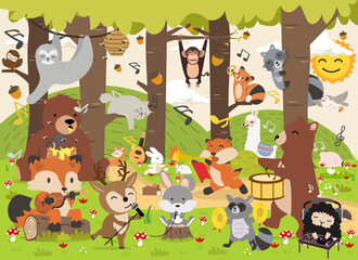 Plakat Cute woodland forest animals cartoon character