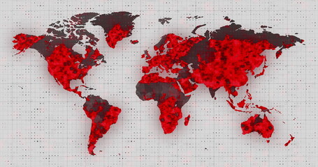 Image of the world map and countries turning red through circles in a white background