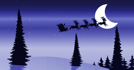 Obraz na płótnie Canvas Santa clause sleigh and reindeer flying over snowy landscape