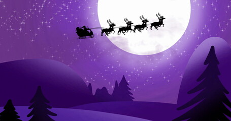 Obraz na płótnie Canvas Santa clause sleigh and reindeer flying over the moon and mountain landscape