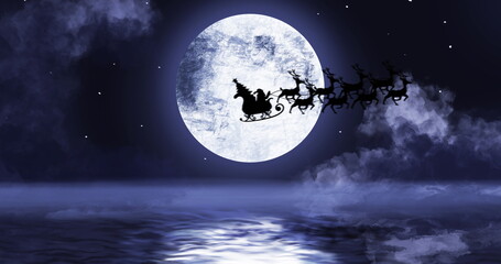 Fototapeta na wymiar Santa clause sleigh and reindeer flying over the moon and water