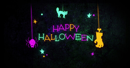 Happy Halloween text against cat, spider and zombie hanging decorations on black background