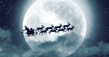 Obraz na płótnie Canvas Santa clause sleigh and reindeer flying over the moon