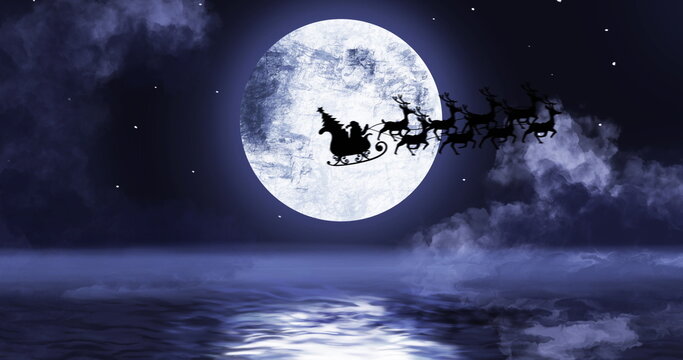 Santa clause sleigh and reindeer flying over the moon and water