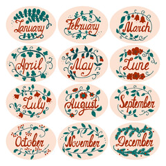 Vector illustration of months name  in ellipse with floral elements. Lettering Sticker for calendar, planner, bullet journal. Colorful hand-drawn element, isolated design on white background