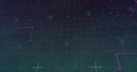 Image of network of purple hexagons and light trails on black background