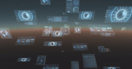 Image of data processing and scopes scanning on screen over glowing horizon