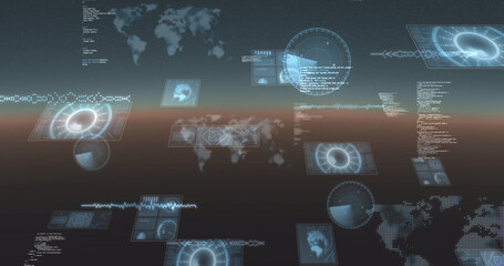 Image of data processing and scopes scanning on screen over glowing horizon