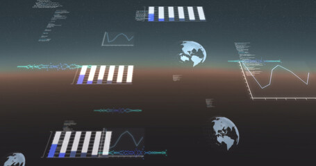 Image of data processing, globes spinning and statistics recording on gradient background