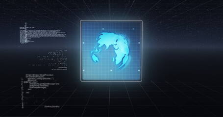 Image of data processing and scope scanning with circuit board on screen over black background