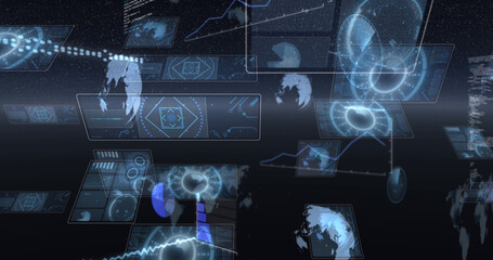 Image of data processing and scopes scanning on screen over glowing horizon