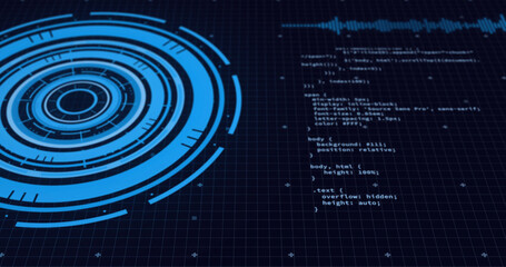 Image of data processing on screens and scope scanning over black background