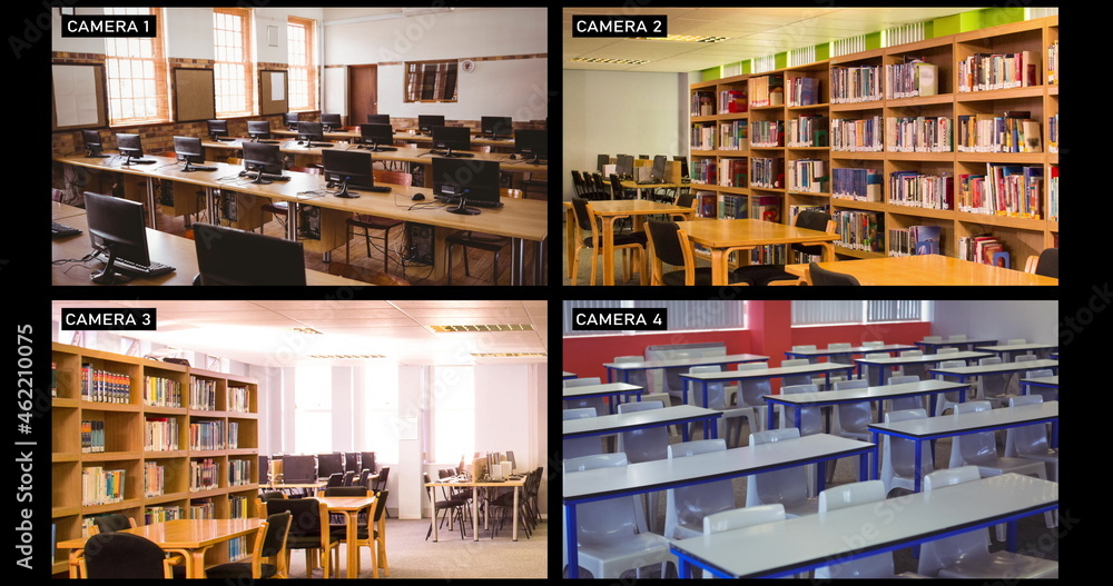 Aufkleber composite of views from four security cameras in different areas at a school