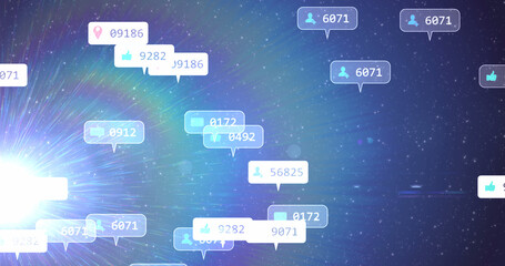 Naklejka premium Image of social media icons and numbers on white and grey banners over stars on blue sky