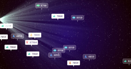 Image of social media icons and numbers on white and grey banners over stars on purple sky