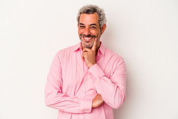 Middle age caucasian man isolated on white background  smiling happy and confident, touching chin with hand.