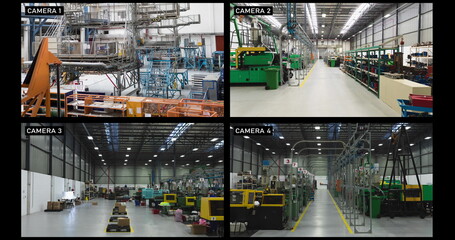 Composite of views from four security cameras in different areas at a factory