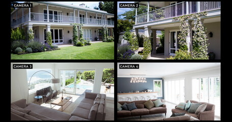 Composite of views from four security cameras ishowing family home exterior and living room