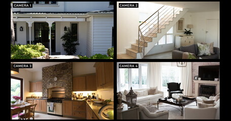 Composite of views from four security cameras in different areas at a family home