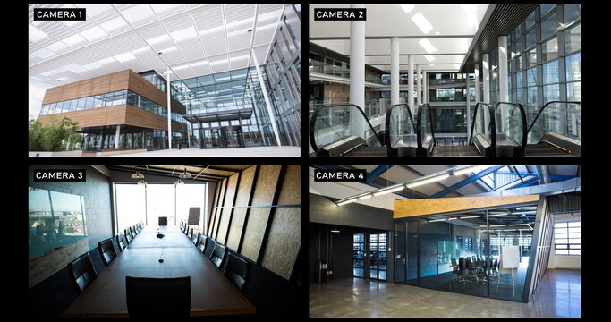 Composite of views from four security cameras showing lobby and rooms at business offices