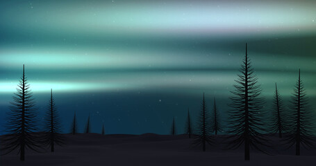 Image of aurora borealis glowing over silhouettes of fir trees