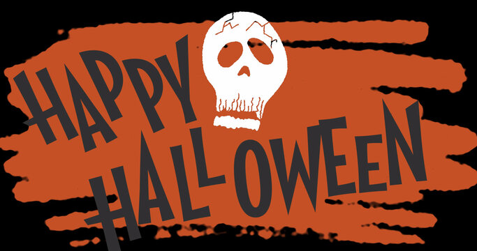 Image of happy halloween text over skull on dark background
