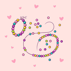 Handmade craft beads creation bijouterie vector illustration isolated on pink background with hearts