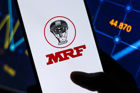 West Bangal, India - October 09, 2021 : MRF logo on phone screen stock image.