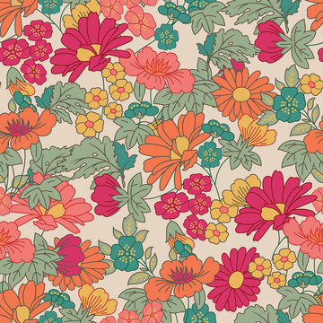 Blooming summer or spring meadow seamless pattern. Plant background for fashion, wallpapers, print. Pink, orange and blue flowers on black. Liberty style floral. Trendy floral design