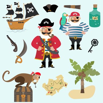 Pirate bandle set. Pirates , sail ship, rum, monkey, map. Vector cartoon isolated elements on light blue background.Kids drawing pattern for banners, leaflets, brochure, invitations